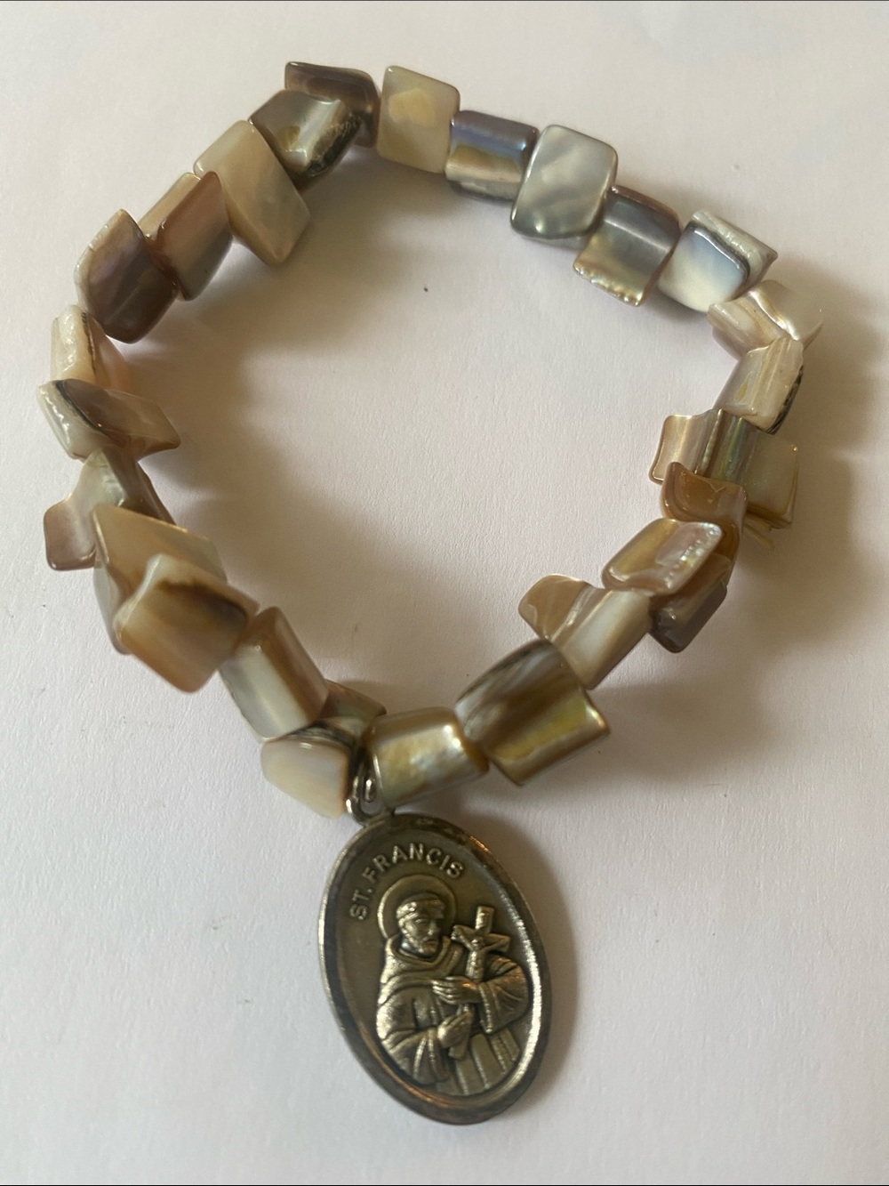Natural Shell Bead Stretch Bracelet with Saint Francis Medal - Neutral Tones